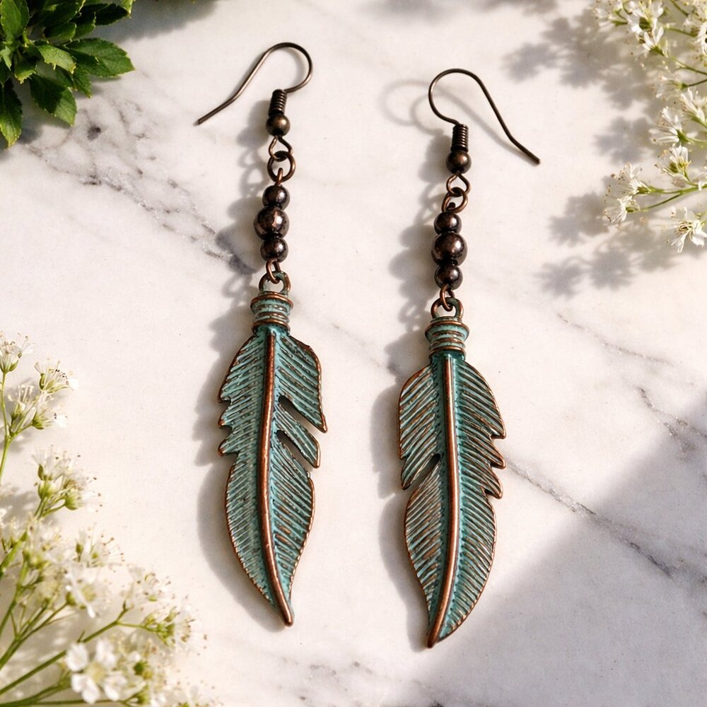 Southwest Turquoise Green and Brass Feather Earrings‎ - New